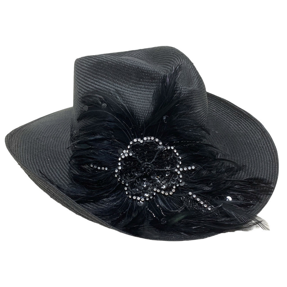 Vintage Joe Bill Miller Straw Cowboy Hat Black Feathers Crystal & Sequin Flower